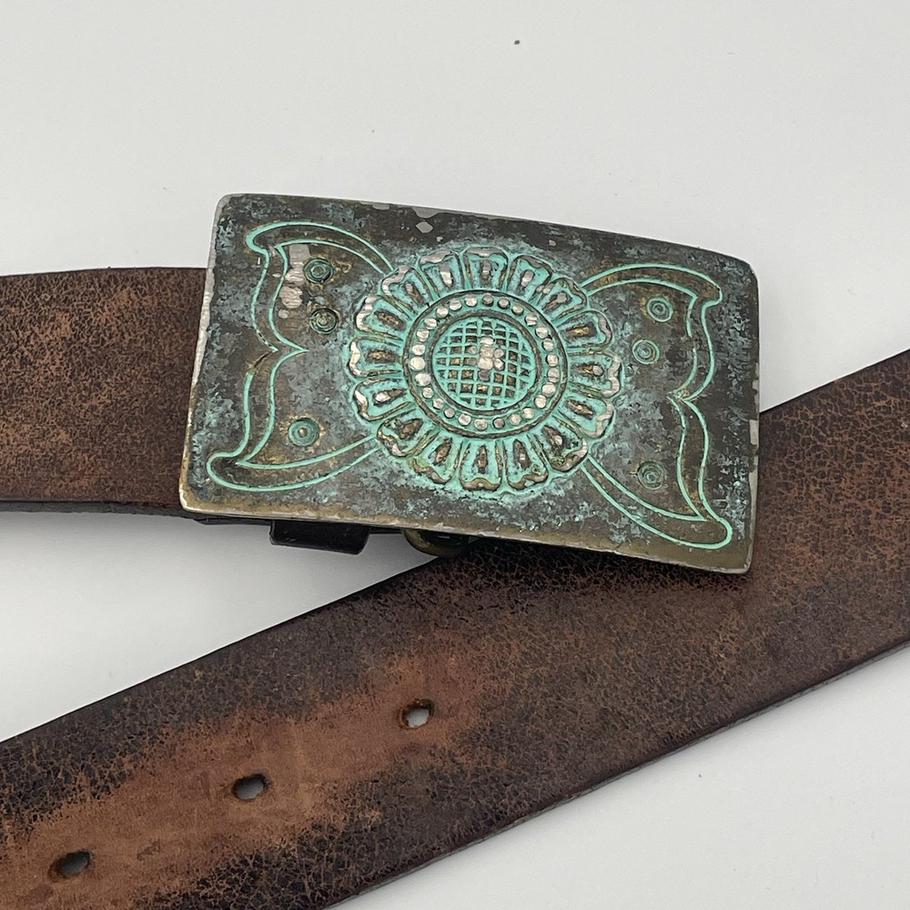 Vtg Streets Ahead Womens Leather Belt Butterfly Verdigris Buckle Boho Western M